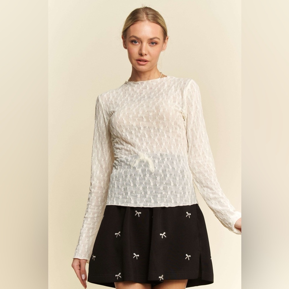 Davi & Dani Long Sleeve Sheer Small Embroidered Bows Lace Top